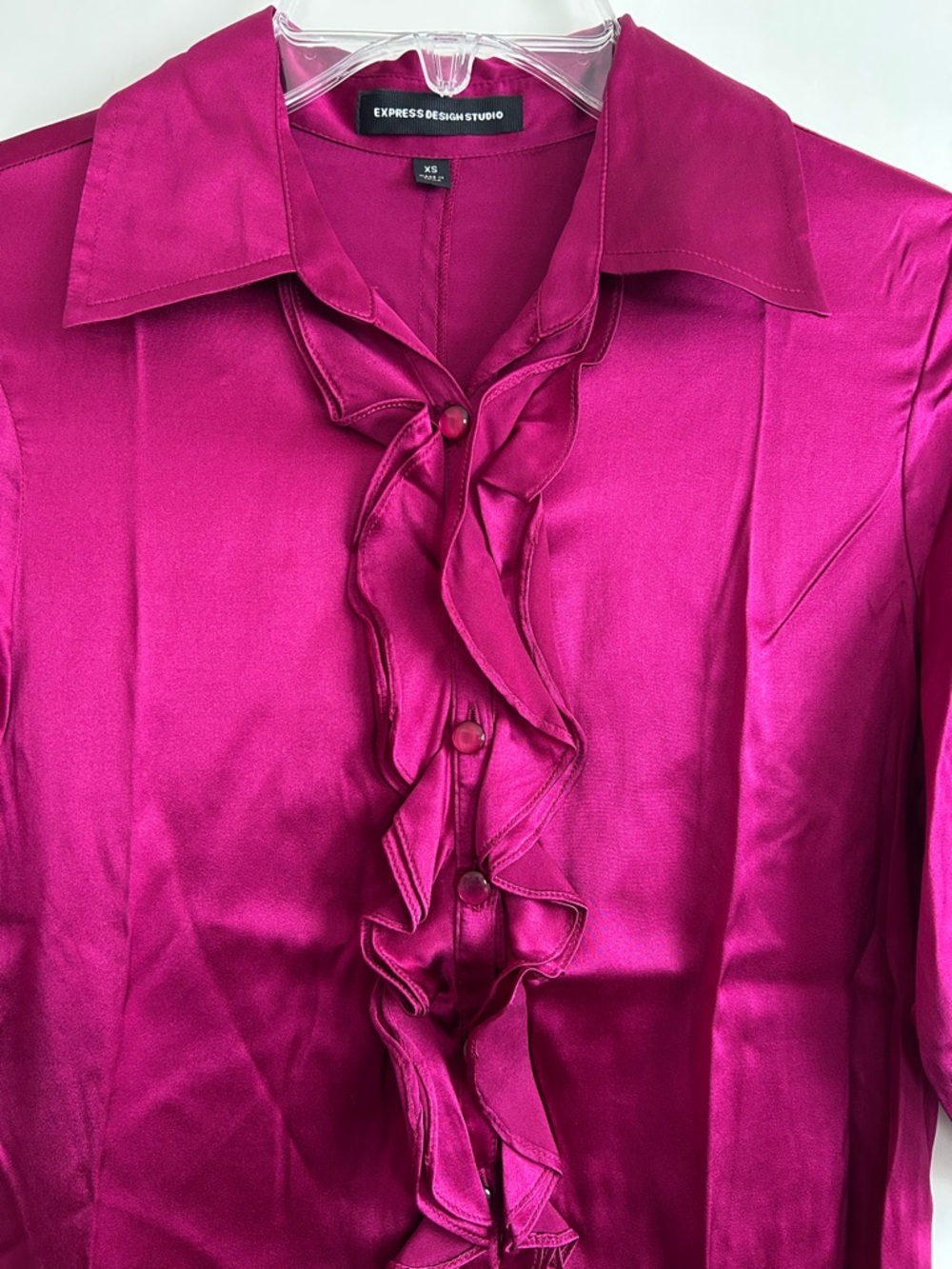 Express Magenta Silk Ruffle-Front Shift Dress - Picture 3 of 7